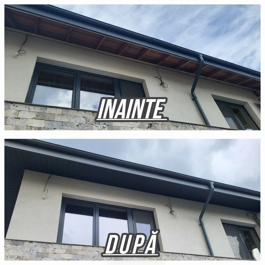 Streașină și jgheaburi refăcute complet, cu finisaj modern — înainte și după
