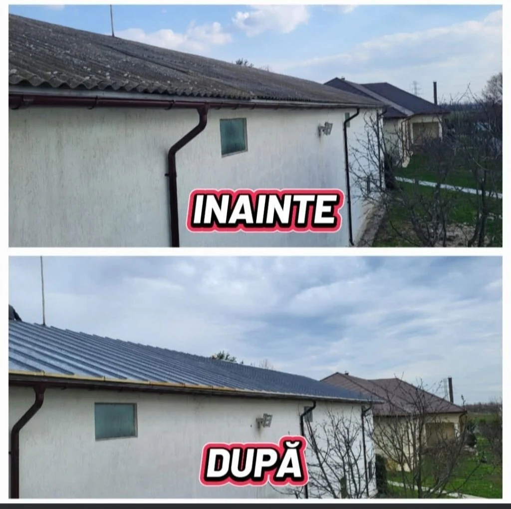 Acoperiș din azbociment înlocuit cu tablă cutată modernă — înainte și după