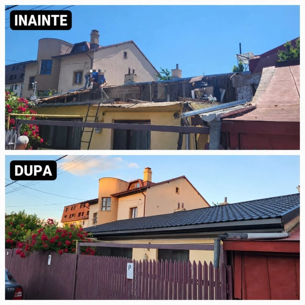 Acoperiș vechi, degradat, înlocuit complet cu țiglă metalică — înainte și după